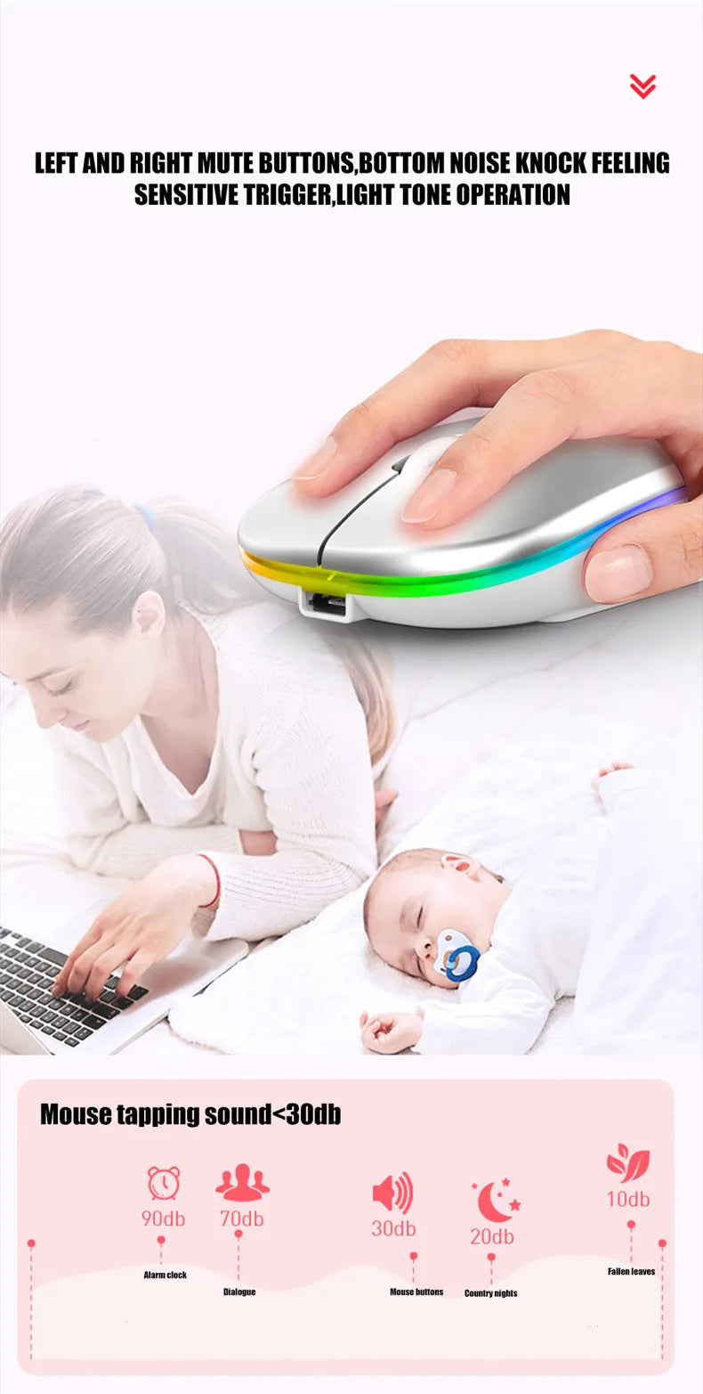 Rechargeable Wireless Silent Mouse Dual Mode 2.4GHz + Bluetooth LED Backlit