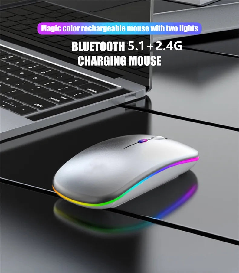 Rechargeable Wireless Silent Mouse Dual Mode 2.4GHz + Bluetooth LED Backlit