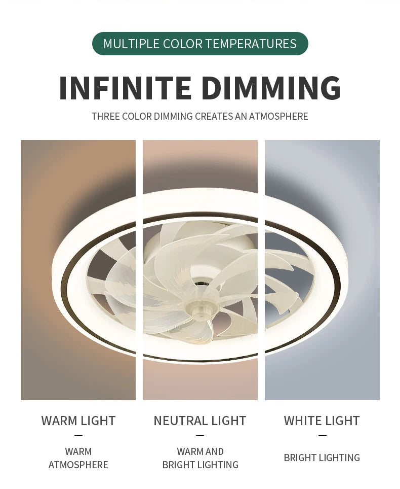 Smart Ceiling Fan with Light Remote Control Retractable Silent Blades 48cm