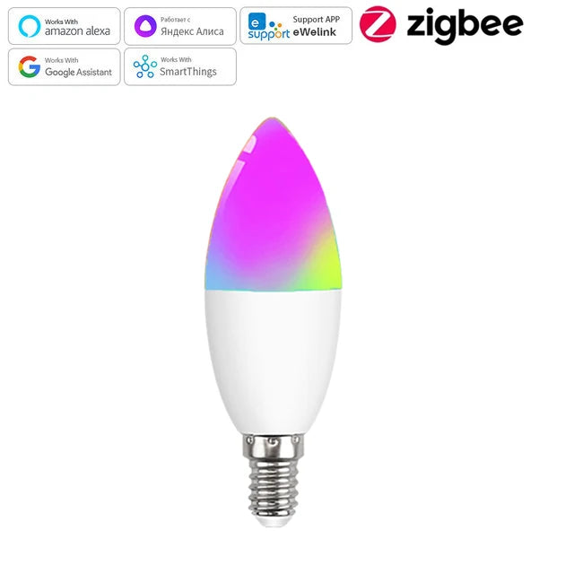 E14 Smart WiFi/Zigbee RGBCW LED Candle Bulb Dimmable for Alexa & Google Home