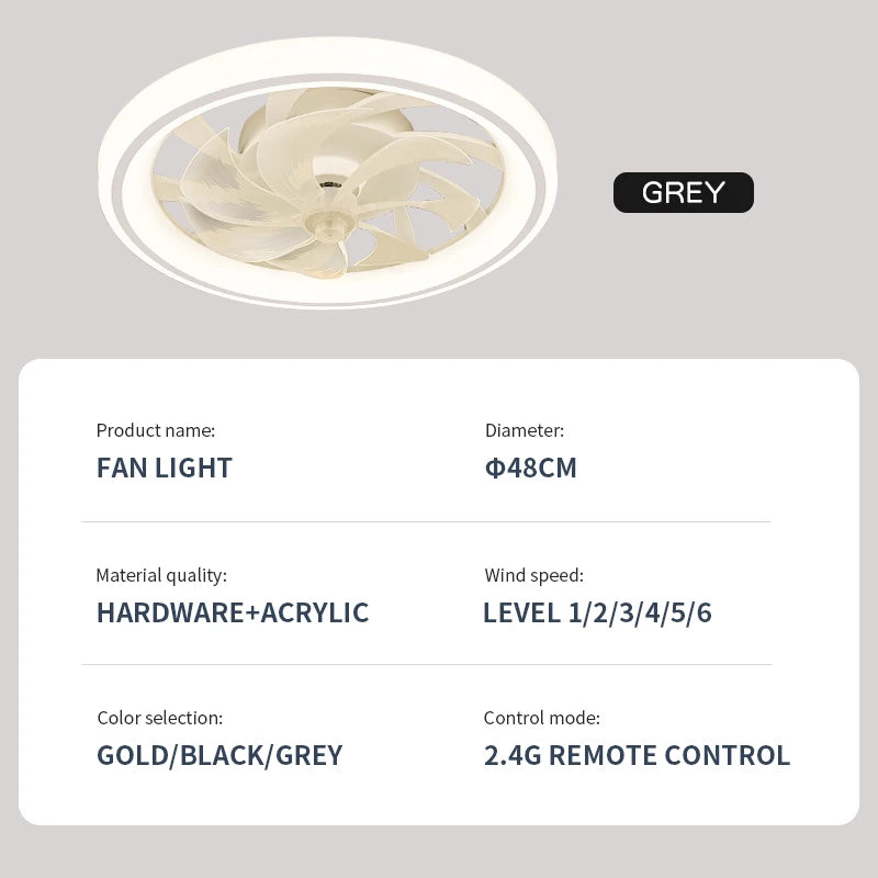 Smart Ceiling Fan with Light Remote Control Retractable Silent Blades 48cm