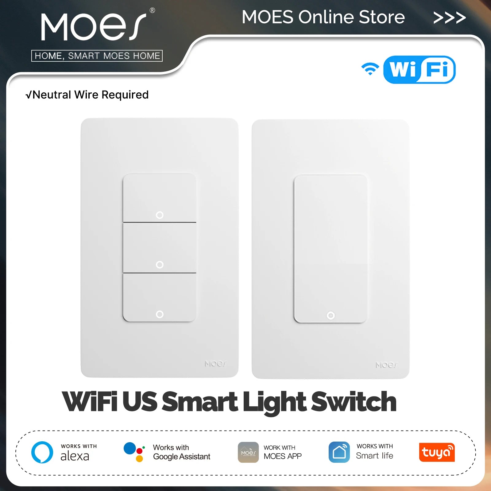 MOES Tuya Wi-Fi Smart Light Switch, Single Pole Push Button