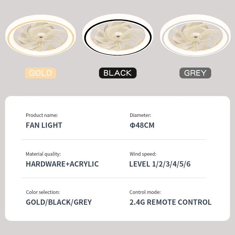 Smart Ceiling Fan with Light Remote Control Retractable Silent Blades 48cm