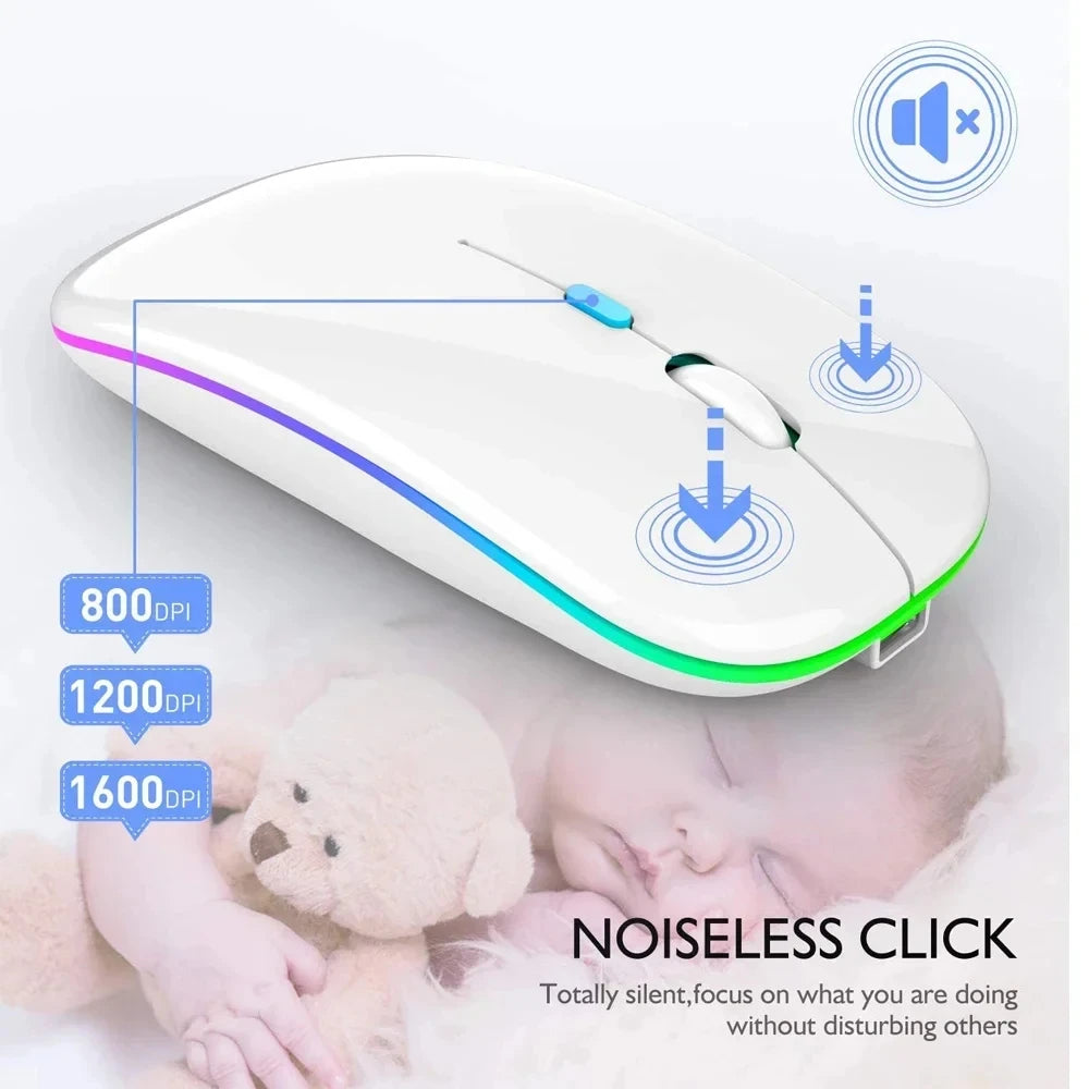 Rechargeable Wireless Silent Mouse Dual Mode 2.4GHz + Bluetooth LED Backlit