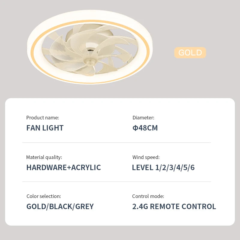 Smart Ceiling Fan with Light Remote Control Retractable Silent Blades 48cm