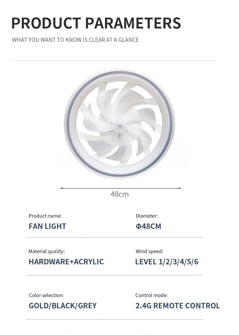 Smart Ceiling Fan with Light Remote Control Retractable Silent Blades 48cm