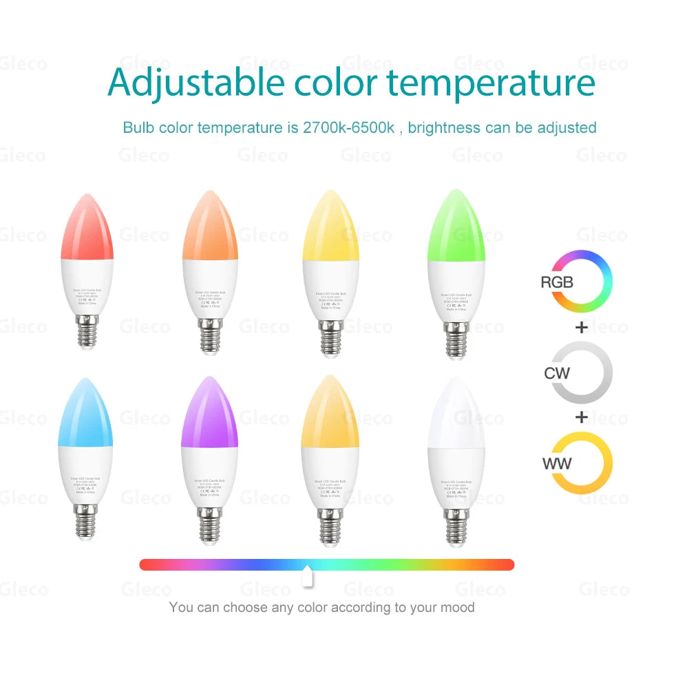 E14 Smart WiFi/Zigbee RGBCW LED Candle Bulb Dimmable for Alexa & Google Home