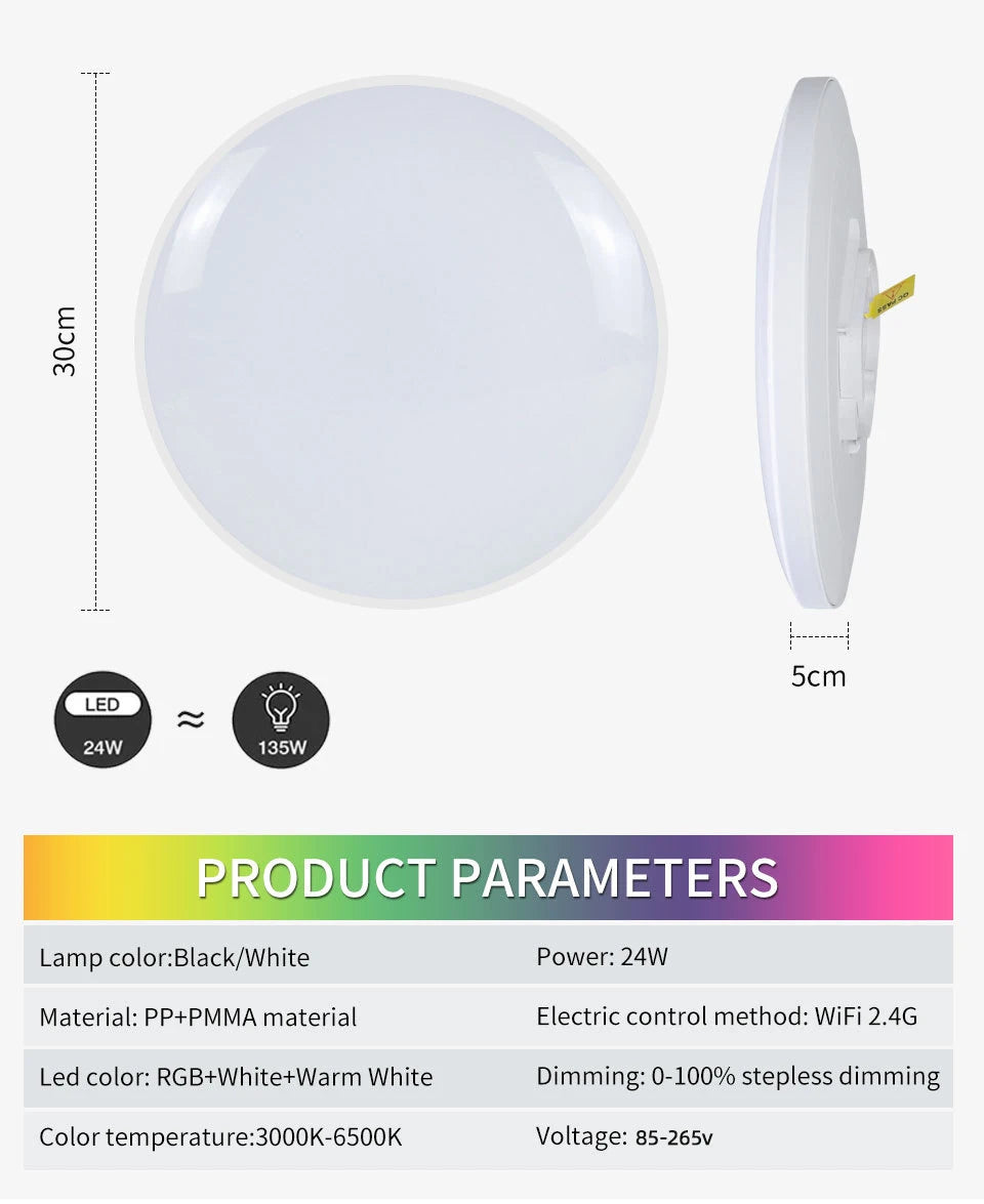 Tuya Smart WiFi Bluetooth RGB LED Ceiling Light 24W APP Voice Control