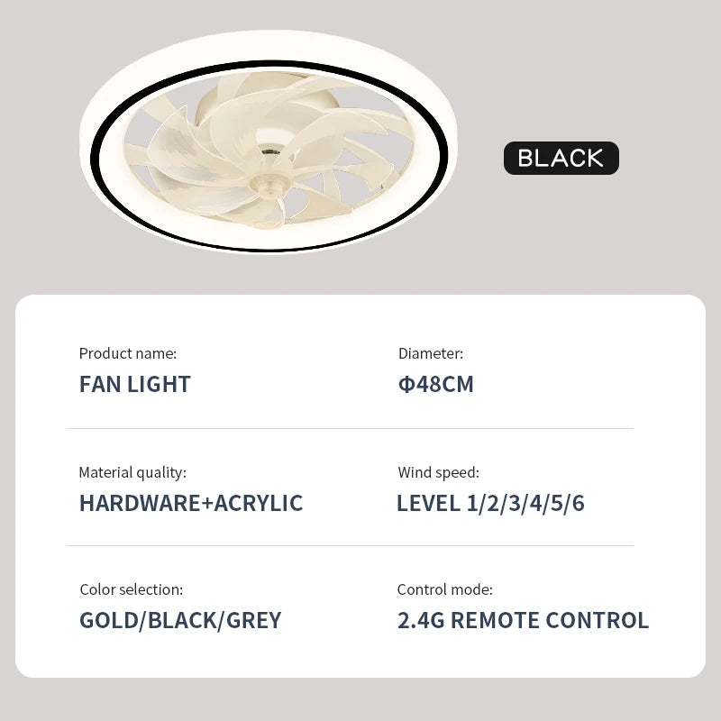 Smart Ceiling Fan with Light Remote Control Retractable Silent Blades 48cm