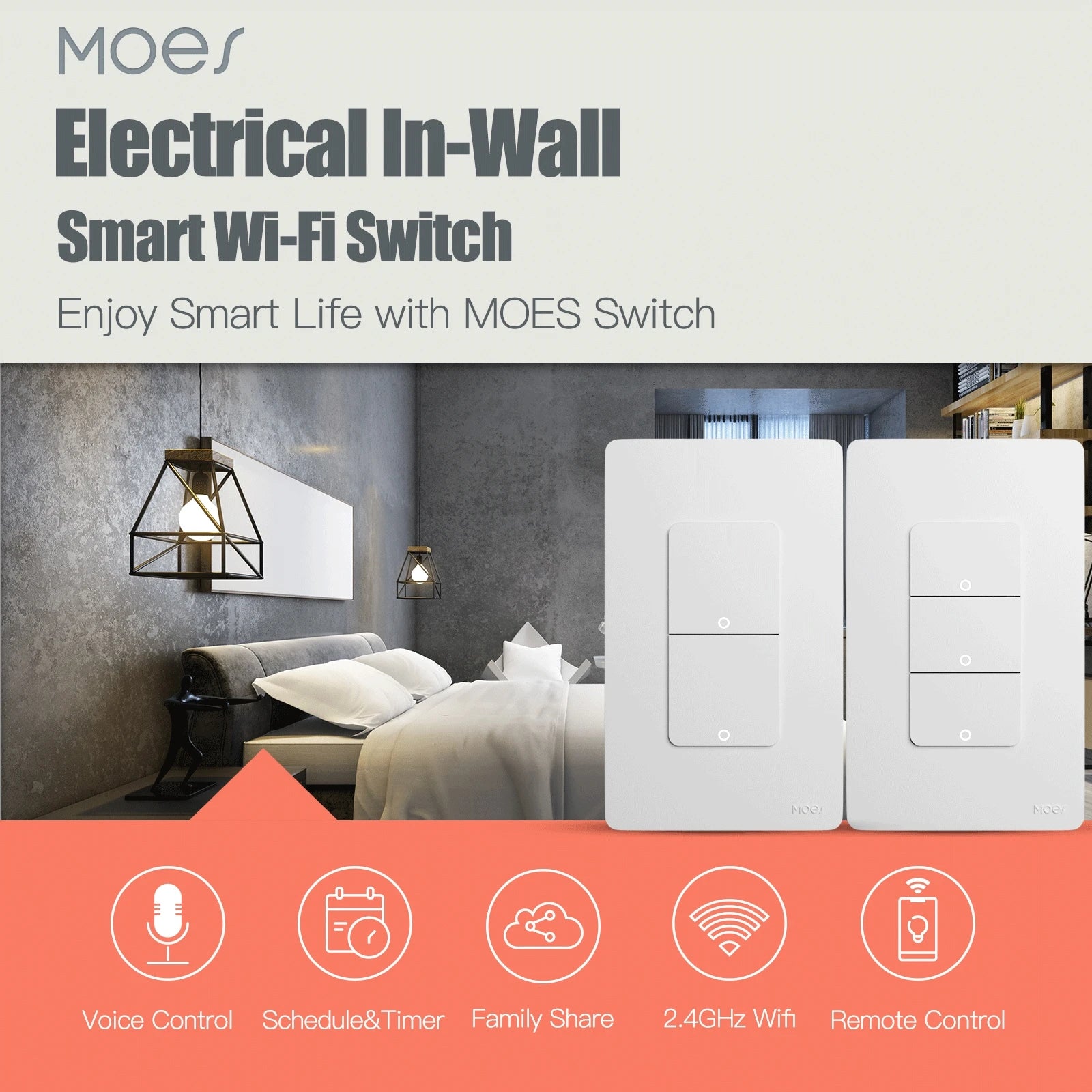 MOES Tuya Wi-Fi Smart Light Switch, Single Pole Push Button