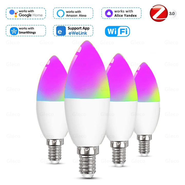 E14 Smart WiFi/Zigbee RGBCW LED Candle Bulb Dimmable for Alexa & Google Home