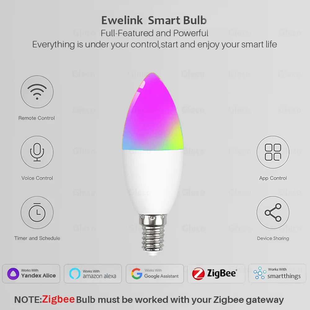 E14 Smart WiFi/Zigbee RGBCW LED Candle Bulb Dimmable for Alexa & Google Home